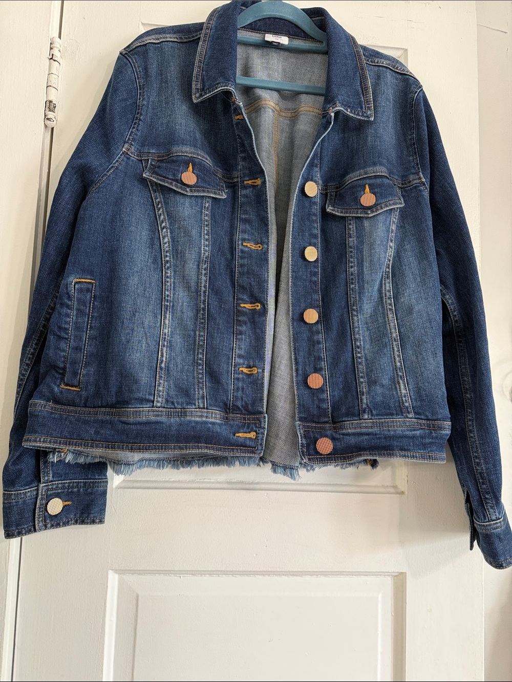 CAbi Dark Blue Denim Jean Jacket with a Rough Hem back